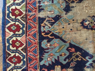 Antique seichour kuba long rug with an eye catching border. As found, Worn and damaged as shown. Nice light blues. Storage clean out priced. Ca. 1880. 3'6" x 9'2"    