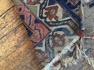 Antique seichour kuba long rug with an eye catching border. As found, Worn and damaged as shown. Nice light blues. Storage clean out priced. Ca. 1880. 3'6" x 9'2"    