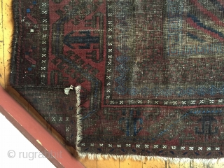 Antique mushwani Baluch main carpet. Older example with all natural colors. As found with heavy wear and brown oxidation. Storage clean out priced. 19th c. 5'9" x 8'9"     