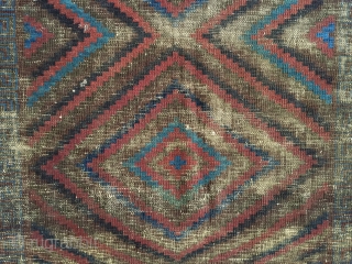 Antique mushwani Baluch main carpet. Older example with all natural colors. As found with heavy wear and brown oxidation. Storage clean out priced. 19th c. 5'9" x 8'9"     