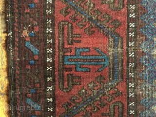 Antique mushwani Baluch main carpet. Older example with all natural colors. As found with heavy wear and brown oxidation. Storage clean out priced. 19th c. 5'9" x 8'9"     