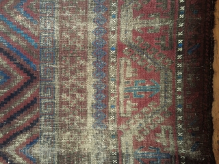 Antique mushwani Baluch main carpet. Older example with all natural colors. As found with heavy wear and brown oxidation. Storage clean out priced. 19th c. 5'9" x 8'9"     