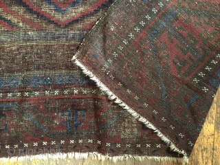 Antique mushwani Baluch main carpet. Older example with all natural colors. As found with heavy wear and brown oxidation. Storage clean out priced. 19th c. 5'9" x 8'9"     