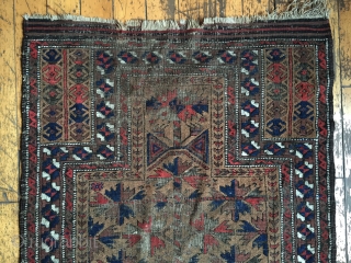 Antique Baluch prayer rug. Older example with all natural colors. As found with wear, oxidation and slight damage as shown. Storage clean out priced. 19th c. 2'8" x 4'9"    