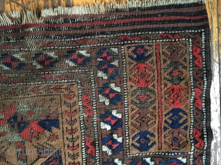 Antique Baluch prayer rug. Older example with all natural colors. As found with wear, oxidation and slight damage as shown. Storage clean out priced. 19th c. 2'8" x 4'9"    