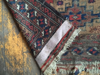 Antique Baluch prayer rug. Older example with all natural colors. As found with wear, oxidation and slight damage as shown. Storage clean out priced. 19th c. 2'8" x 4'9"    