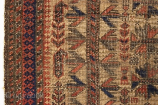 Antique baluch prayer rug. Terrific design. Great small size. Very thin with overall wear and heavy corrosion as shown. All good colors. No repairs. 19th c.2' 10" x 3' 5"   