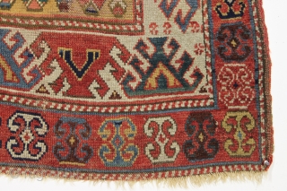 Antique caucasian mystery rug. Terrific design. All natural colors with extreme abrash. "as found", very dirty with some center wear as shown. Original selvages. I see no repairs. Elements of kazak type  ...