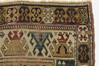 Antique caucasian mystery rug. Terrific design. All natural colors with extreme abrash. "as found", very dirty with some center wear as shown. Original selvages. I see no repairs. Elements of kazak type  ...