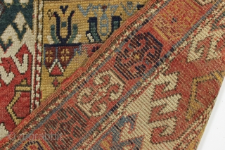 Antique caucasian mystery rug. Terrific design. All natural colors with extreme abrash. "as found", very dirty with some center wear as shown. Original selvages. I see no repairs. Elements of kazak type  ...