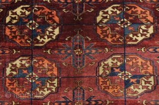 Antique small tekke rug. I have never had one woven 2 guls wide. Seems to be double the length of a typical dowry piece. Good lustrous pile. All good colors. A few  ...