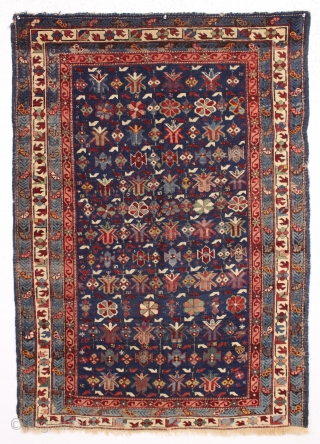 antique caucasian seichour kuba rug. Beautiful example of this attractive type with all deeply saturated natural colors. Good pinks, good greens and golds on a pretty medium blue ground. Good even pile  ...