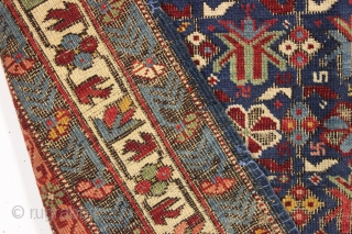 antique caucasian seichour kuba rug. Beautiful example of this attractive type with all deeply saturated natural colors. Good pinks, good greens and golds on a pretty medium blue ground. Good even pile  ...