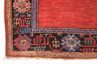 antique small turkish karaman prayer rug. Lovely old rug with all good natural colors including pretty greens and a fine old purple. Mostly good pile. Clean with a small bit of well  ...