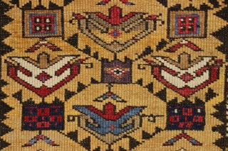 antique yellow ground caucasian gendge rug. Nicely drawn large tulip palmettes and an unusually colorful kufic border. Overall good condition with even medium pile. All natural colors including nice greens, light blues,  ...