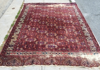 Antique yomud kepse gul main carpet. Washed but otherwise as found with wear and slight damage as shown. Storage clean out priced. 19th c. 7' x 9'3"      