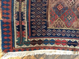 Antique kurdish rug fragment. Terrific design. All natural colors. As found with wear, damage and shortened in length. Storage clean out priced. 19th c. 3'7" x 4'8"      