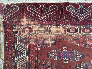 Antique yomud kepse gul main carpet. Washed but otherwise as found with wear and slight damage as shown. Storage clean out priced. 19th c. 7' x 9'3"      