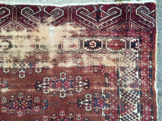 Antique yomud kepse gul main carpet. Washed but otherwise as found with wear and slight damage as shown. Storage clean out priced. 19th c. 7' x 9'3"      