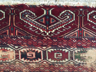 Antique yomud kepse gul main carpet. Washed but otherwise as found with wear and slight damage as shown. Storage clean out priced. 19th c. 7' x 9'3"      