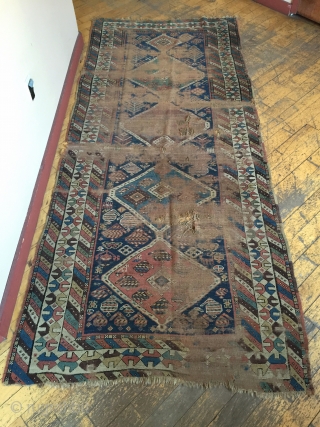 Antique Caucasian or shahsavan long rug. As found, very dirty and worn. Appears to have all good natural colors. Storage clean out priced. Good age. 19th c. 3'9" x 9'1"   