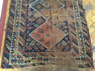 Antique Caucasian or shahsavan long rug. As found, very dirty and worn. Appears to have all good natural colors. Storage clean out priced. Good age. 19th c. 3'9" x 9'1"   