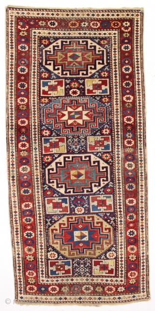 antique caucasian shirvan or moghan rug in an unusually small size. As found, overall mostly good even pile with a couple small areas of wear as shown. All natural colors. Original selvages  ...