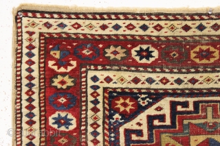 antique caucasian shirvan or moghan rug in an unusually small size. As found, overall mostly good even pile with a couple small areas of wear as shown. All natural colors. Original selvages  ...