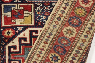 antique caucasian shirvan or moghan rug in an unusually small size. As found, overall mostly good even pile with a couple small areas of wear as shown. All natural colors. Original selvages  ...