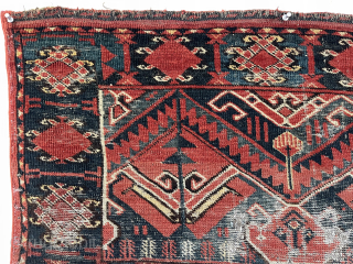 Out of the cedar chests. Uncommon design trapping or jollar size turkman fragment. Ersari? Eye catching graphics. Great old colors. Cut and sewn up in the middle, probably missing about an inch  ...