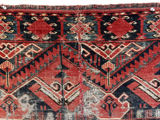 Out of the cedar chests. Uncommon design trapping or jollar size turkman fragment. Ersari? Eye catching graphics. Great old colors. Cut and sewn up in the middle, probably missing about an inch  ...