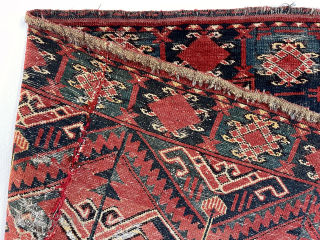 Out of the cedar chests. Uncommon design trapping or jollar size turkman fragment. Ersari? Eye catching graphics. Great old colors. Cut and sewn up in the middle, probably missing about an inch  ...