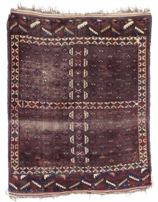 Antique yomud ensi or small rug. Unusually spacious drawing and interesting end panels. Rich deep purple ground and all natural colors. Wear, corrosion, damage as shown. Washed. Glossy wool. Difficult to photograph  ...