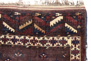 Antique yomud ensi or small rug. Unusually spacious drawing and interesting end panels. Rich deep purple ground and all natural colors. Wear, corrosion, damage as shown. Washed. Glossy wool. Difficult to photograph  ...