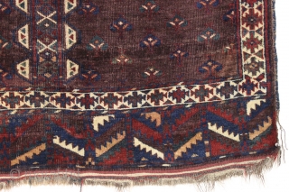 Antique yomud ensi or small rug. Unusually spacious drawing and interesting end panels. Rich deep purple ground and all natural colors. Wear, corrosion, damage as shown. Washed. Glossy wool. Difficult to photograph  ...