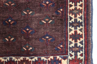Antique yomud ensi or small rug. Unusually spacious drawing and interesting end panels. Rich deep purple ground and all natural colors. Wear, corrosion, damage as shown. Washed. Glossy wool. Difficult to photograph  ...