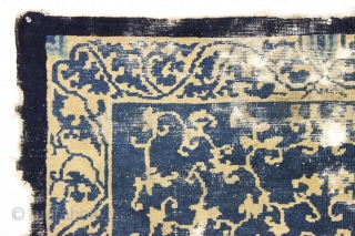 Antique small chinese rug. Found in New England but procured in china years ago. All good colors. Great size and interesting design. Obvious damage as hown but structurally sound. Recent wash. I  ...