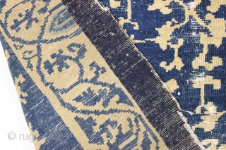 Antique small chinese rug. Found in New England but procured in china years ago. All good colors. Great size and interesting design. Obvious damage as hown but structurally sound. Recent wash. I  ...