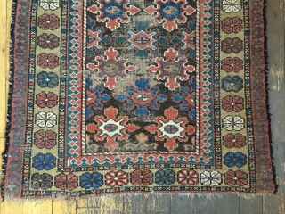 Antique runner, good quality, maybe kurdish or luri. Interesting snowflake design. Lots of natural brown wools. As found with some wear and brown oxidation. Good natural colors. Nice purples. Reasonably clean. Restorable  ...