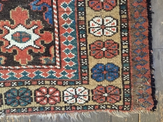 Antique runner, good quality, maybe kurdish or luri. Interesting snowflake design. Lots of natural brown wools. As found with some wear and brown oxidation. Good natural colors. Nice purples. Reasonably clean. Restorable  ...