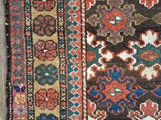 Antique runner, good quality, maybe kurdish or luri. Interesting snowflake design. Lots of natural brown wools. As found with some wear and brown oxidation. Good natural colors. Nice purples. Reasonably clean. Restorable  ...