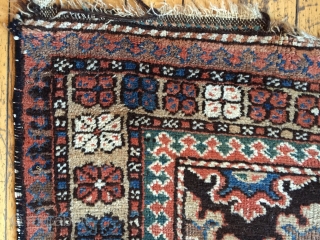 Antique runner, good quality, maybe kurdish or luri. Interesting snowflake design. Lots of natural brown wools. As found with some wear and brown oxidation. Good natural colors. Nice purples. Reasonably clean. Restorable  ...