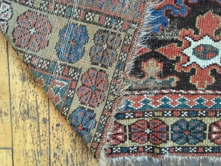 Antique runner, good quality, maybe kurdish or luri. Interesting snowflake design. Lots of natural brown wools. As found with some wear and brown oxidation. Good natural colors. Nice purples. Reasonably clean. Restorable  ...