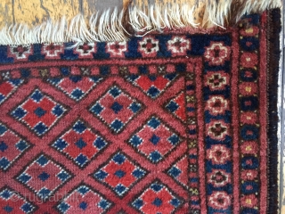 Antique little Ersari rug with an interesting diamond lattice design. Very dirty by Looks like all natural colors to me. As found, edge damage and a few little holes. Thin old glue  ...