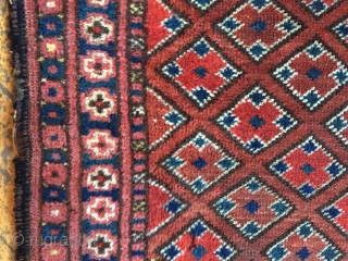 Antique little Ersari rug with an interesting diamond lattice design. Very dirty by Looks like all natural colors to me. As found, edge damage and a few little holes. Thin old glue  ...