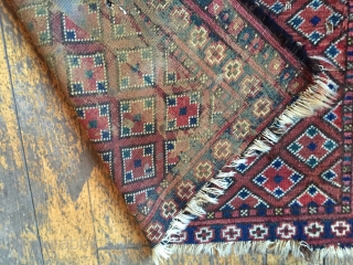 Antique little Ersari rug with an interesting diamond lattice design. Very dirty by Looks like all natural colors to me. As found, edge damage and a few little holes. Thin old glue  ...