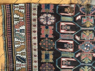 Antique little fragment of a Caucasian soumak rug. Nice field design with endless knots. Appears to have good color. Reasonably clean. Storage clean out priced. 19th c. 3'2" x 3'9"   