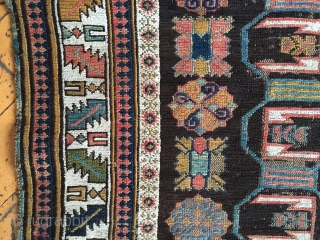 Antique little fragment of a Caucasian soumak rug. Nice field design with endless knots. Appears to have good color. Reasonably clean. Storage clean out priced. 19th c. 3'2" x 3'9"   