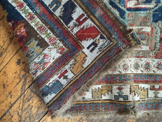 Antique little fragment of a Caucasian soumak rug. Nice field design with endless knots. Appears to have good color. Reasonably clean. Storage clean out priced. 19th c. 3'2" x 3'9"   