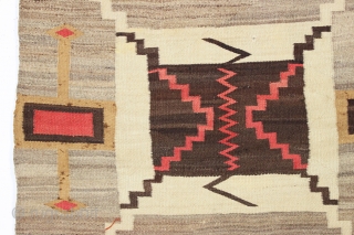 antique navajo rug. Most attractive and boldest storm pattern rug I have encountered. As found, reasonably clean with numerous little pulls and little spots of slight roughness a shown. Soft and supple  ...